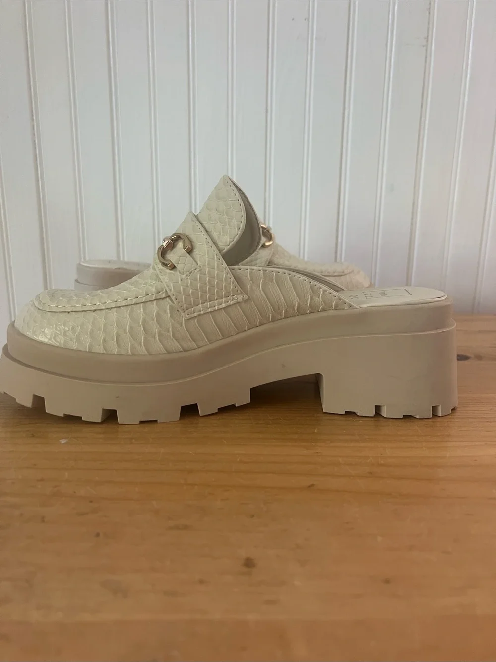 Shushop Audra Platform Mule Loafers‎ 8.5 Beige Snake Embossed Chunky Lug Sole